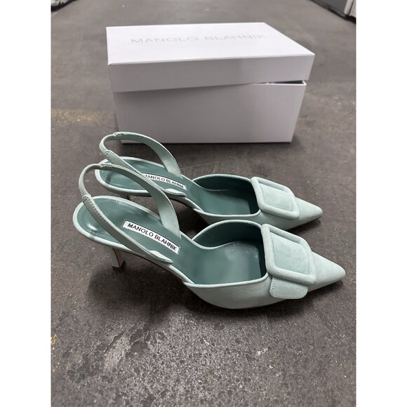Manolo Blahnik Maysli 70 Suede Pump Heels Light Green - Picture 6 of 7